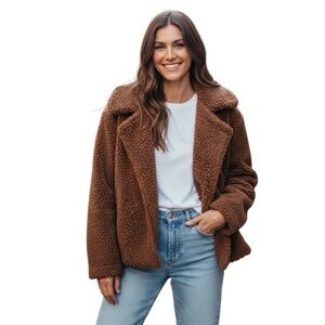 Faux Fur Teddy Jacket Brown As She Goes Sherpa Lined Women’s S